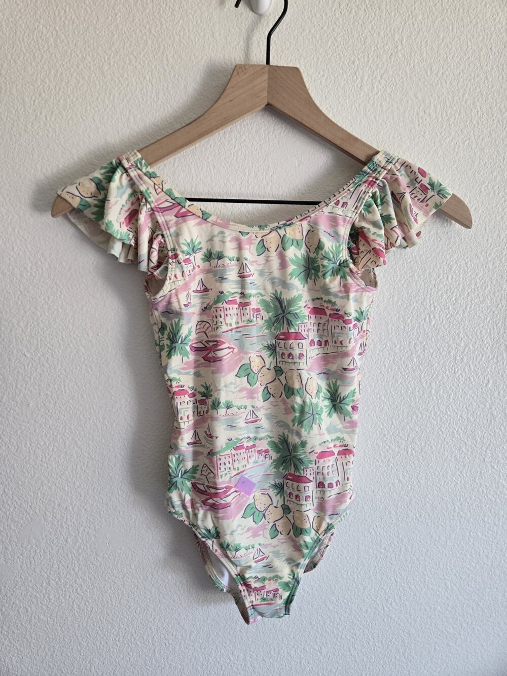 Boden Girls Flutter Sleeve Swim Bathing Suit One Piece 7-8y Mediterranean Scenic
